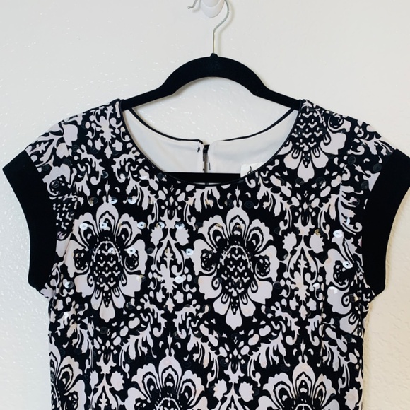 Joseph Ribkoff Damask Print Dress Size 8 Black White Sequins Body Con - Picture 2 of 14